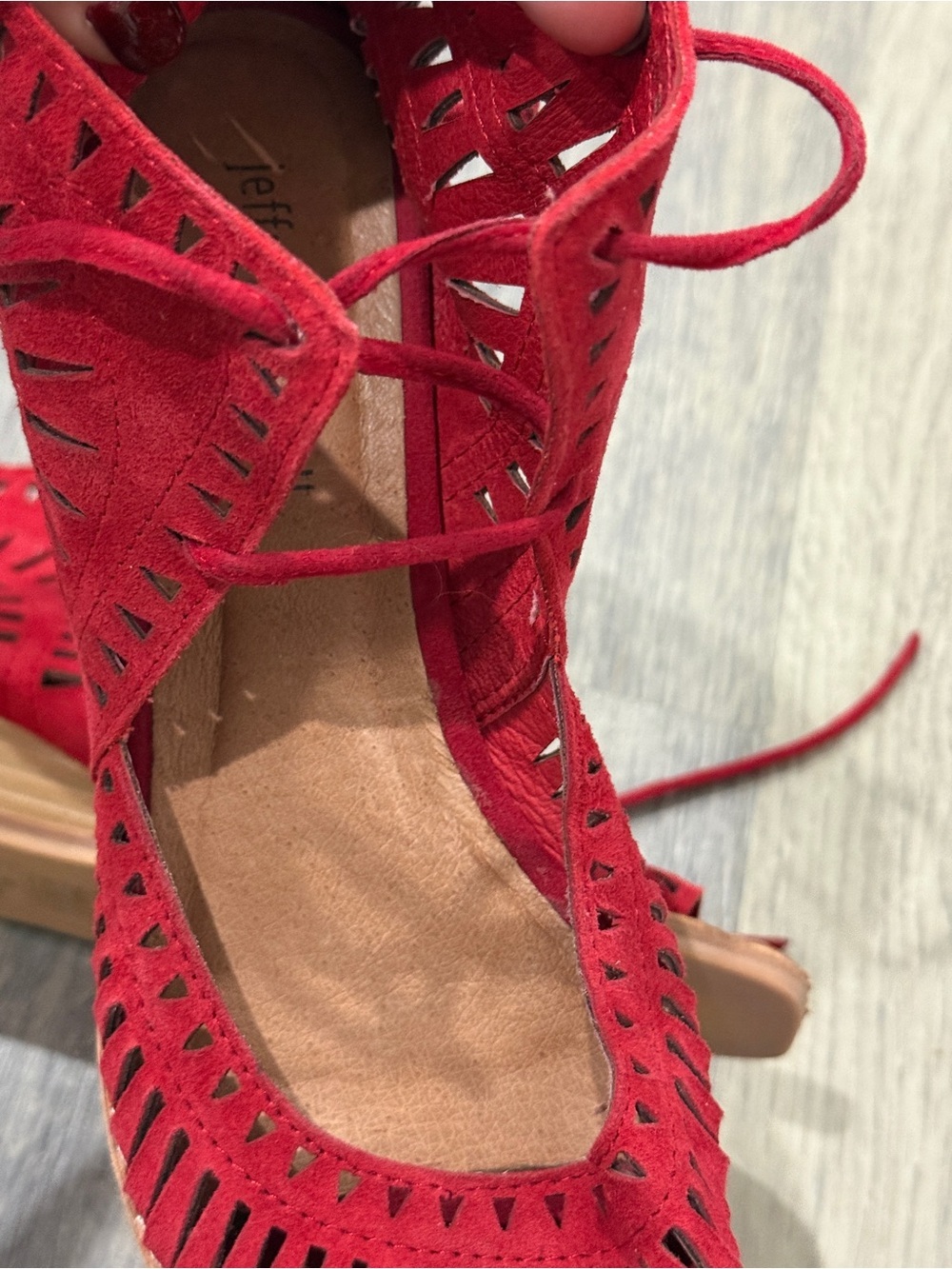 Jeffrey Campbell Rodillo Low Wedge Red Laser-Cut Lace-Up Sandals - Picture 7 of 11